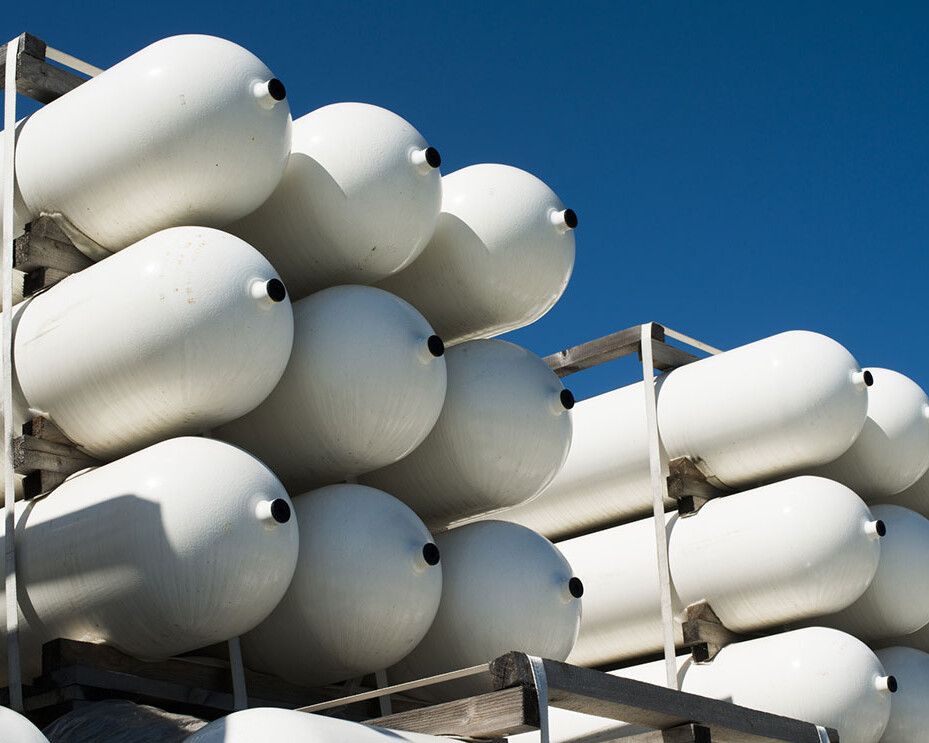 Gas cylinders stacked for the pharmaceutical sector
